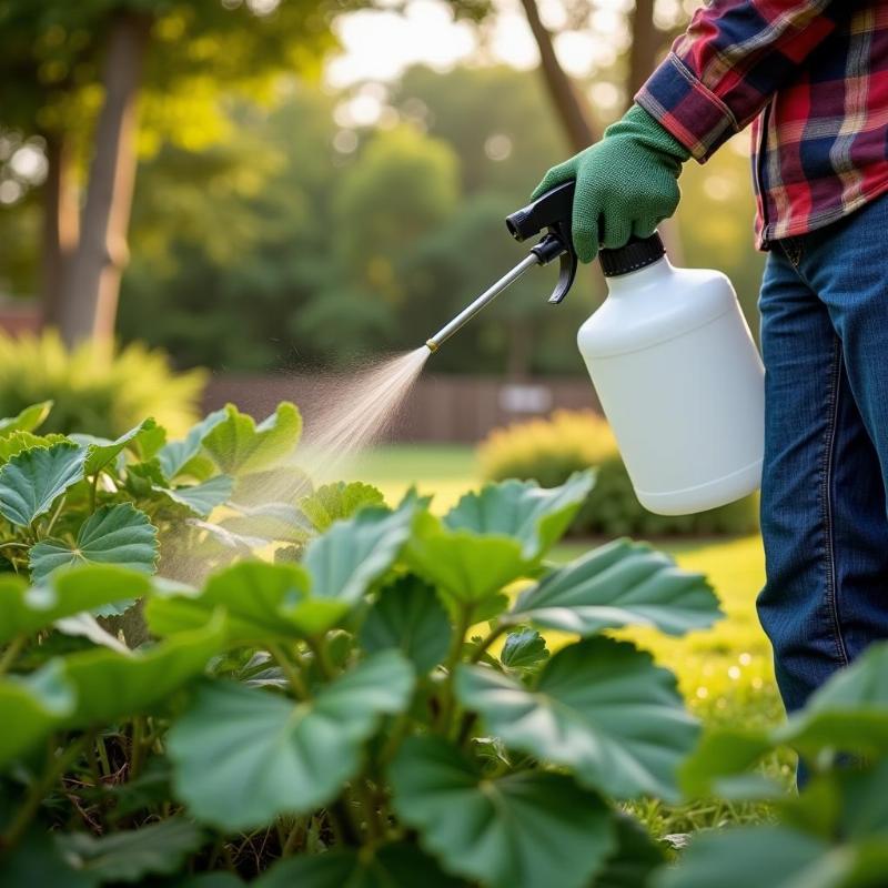 Homeowner spraying deer repellent in their garden