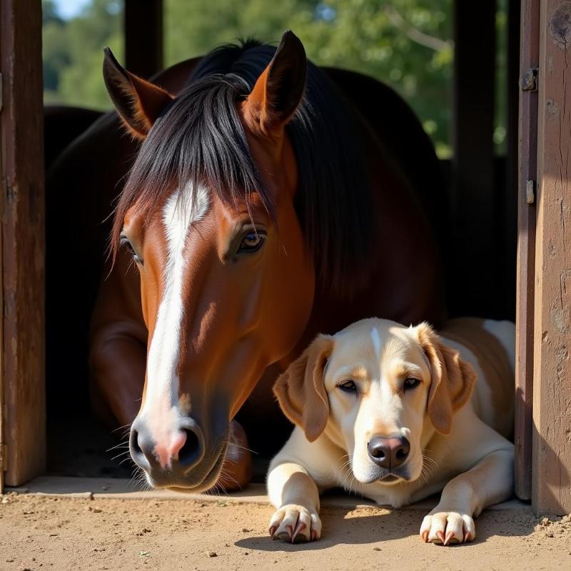 A horse and a dog resting peacefully together