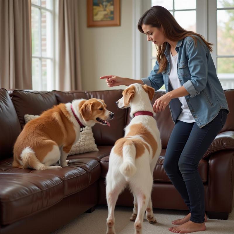 Training a dog not to jump on a leather sofa