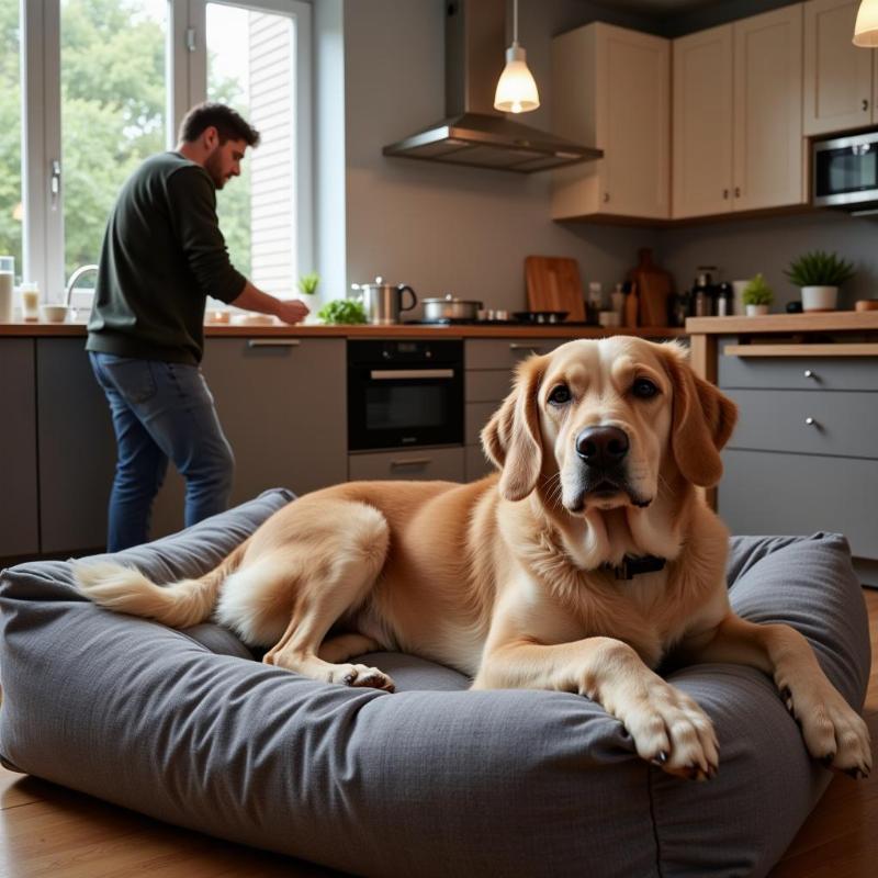 Dog staying in its place while owner is cooking