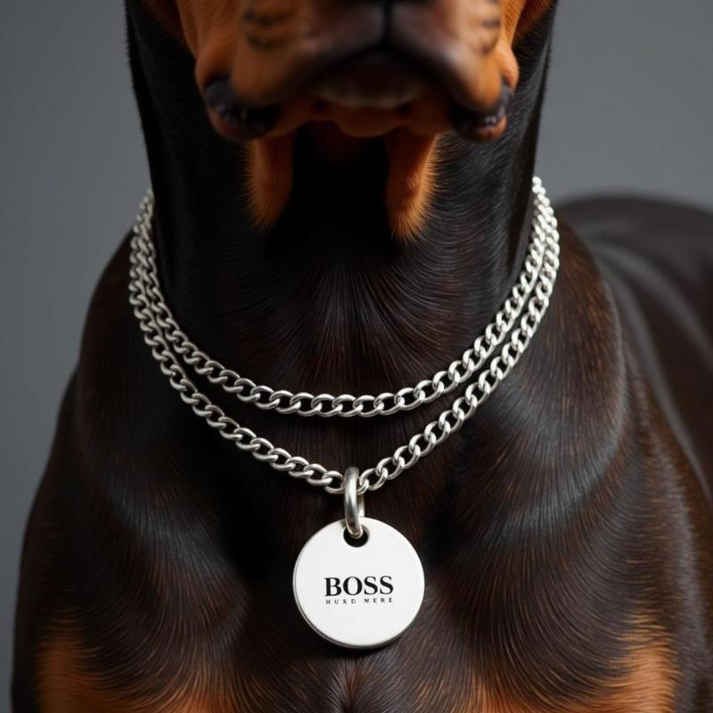 Doberman wearing a Hugo Boss dog tag chain