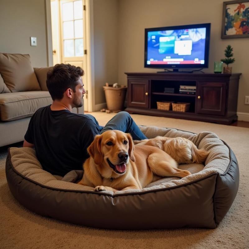 Human and dog sharing oversized bed