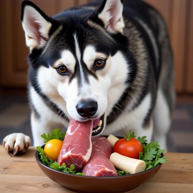 A Siberian Husky eating raw dog food