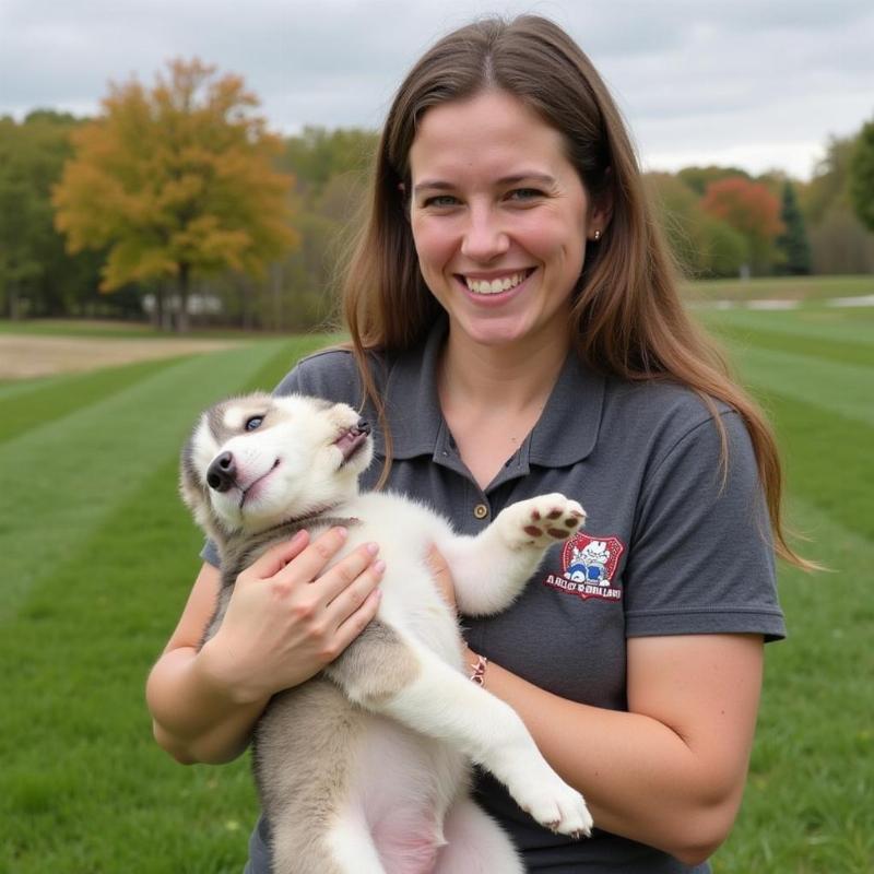 Husky puppy with breeder in Wisconsin