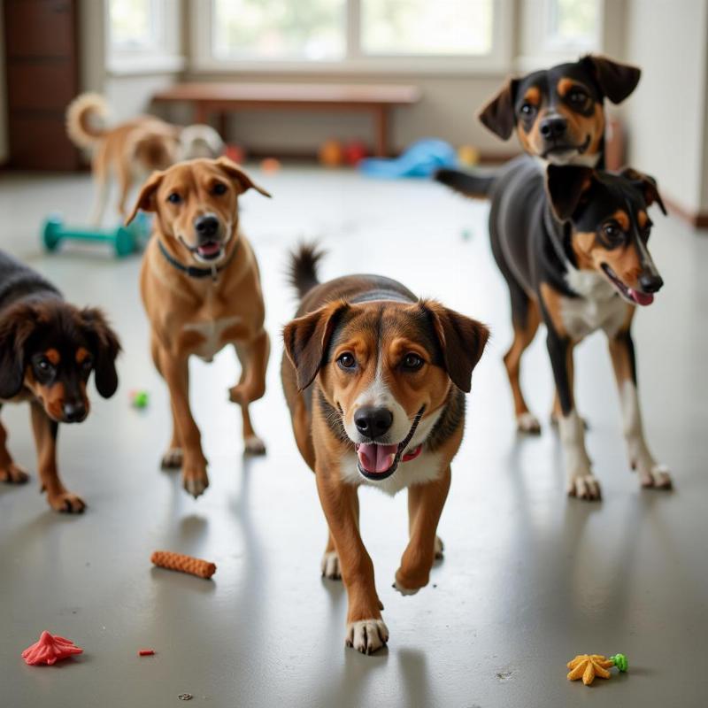 Dogs playing at an indoor dog park in Columbus, Ohio