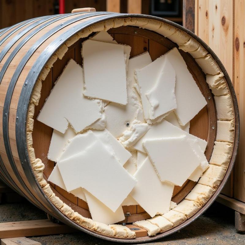 Insulating a 55-gallon barrel dog house with foam insulation boards being placed inside the barrel.