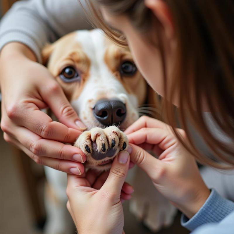 Checking for injuries on a dog's paw