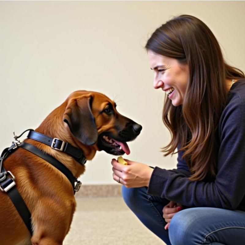 Kim Brophey demonstrating positive reinforcement training with a dog.