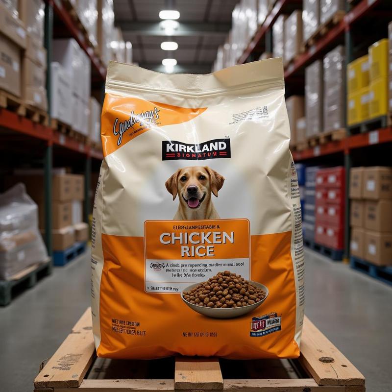 Kirkland Signature Chicken & Rice Dog Food bag on display at Costco