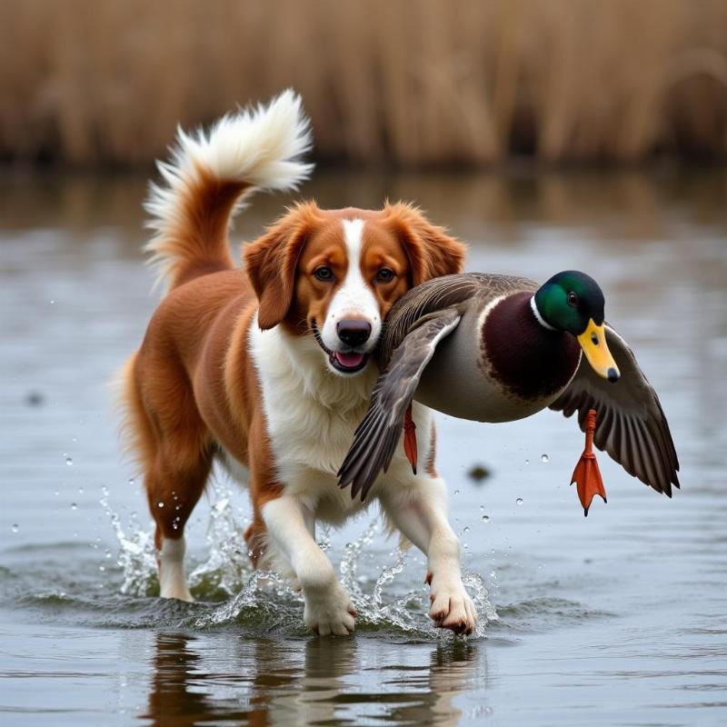 Kooikerhondje Dutch Decoy Dog retrieving a duck