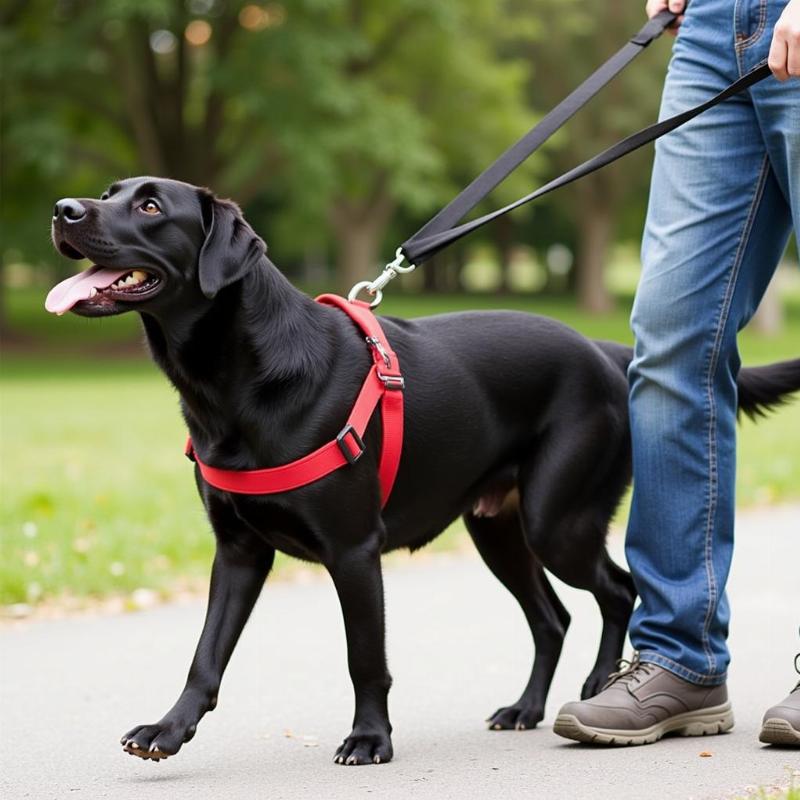 Labrador walking calmly with a harness