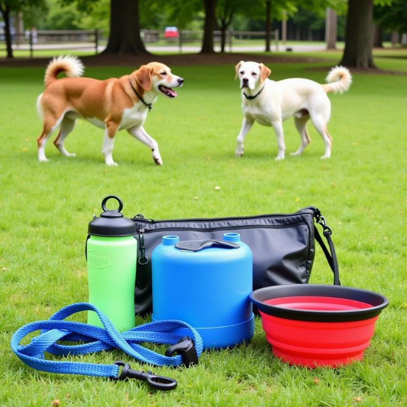 Dog park essentials: leash, water, bowl, poop bags