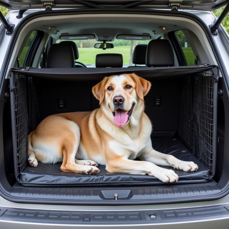 A secure dog crate in an SUV