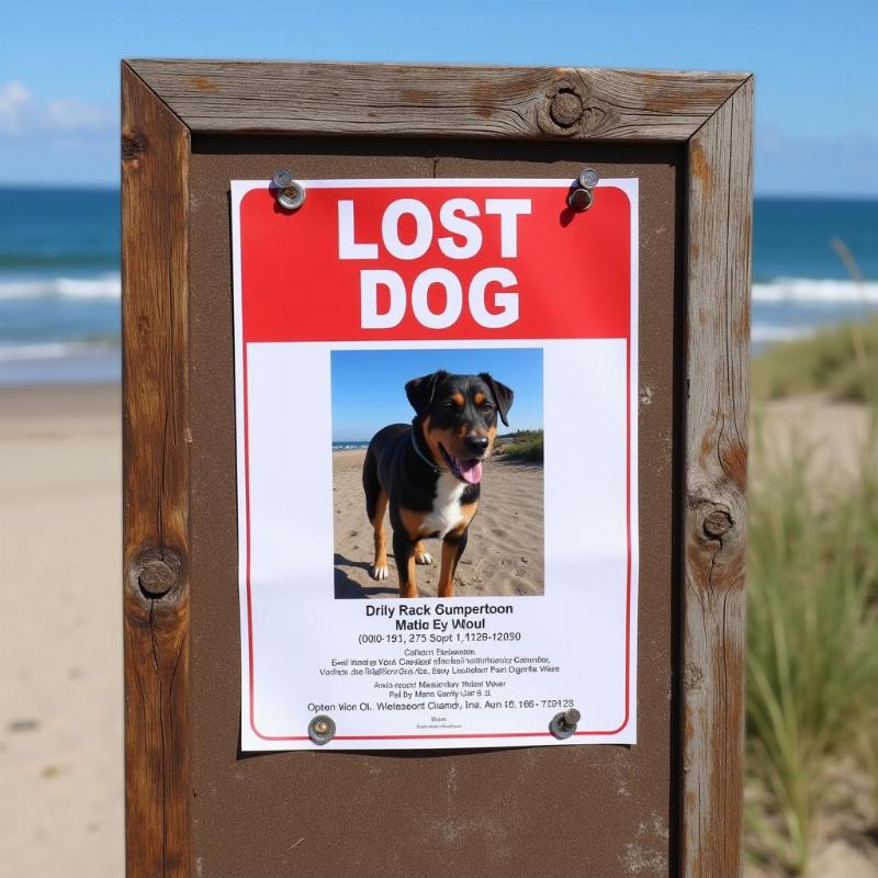 Lost dog poster attached to a beach notice board