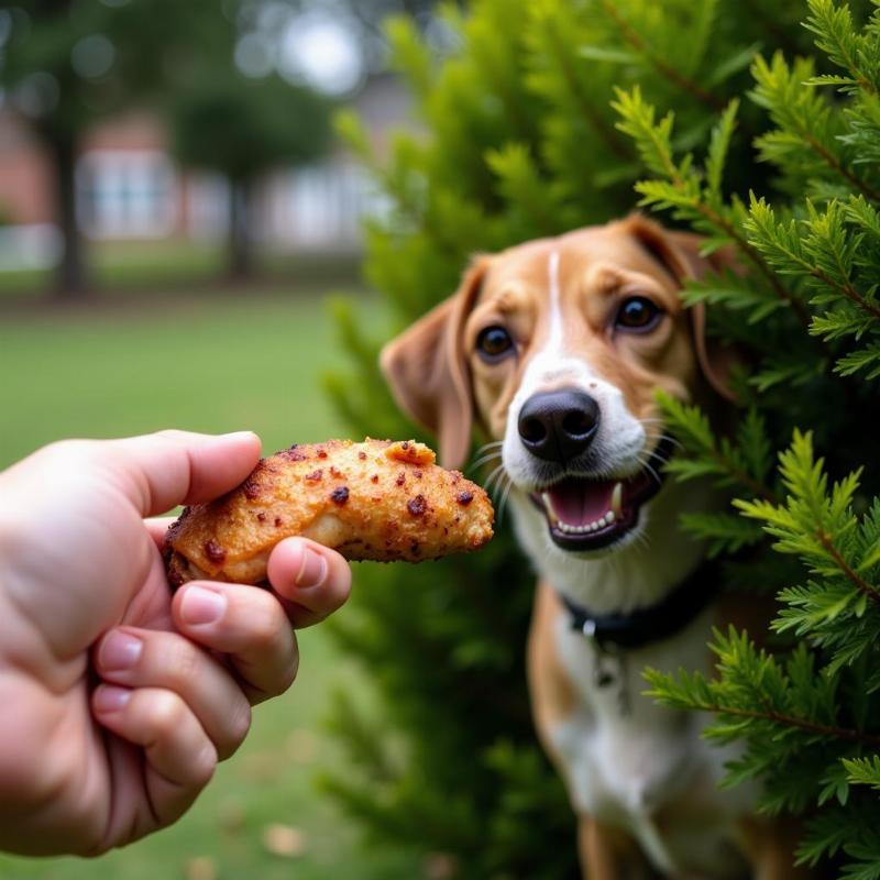 Luring a scared dog with food