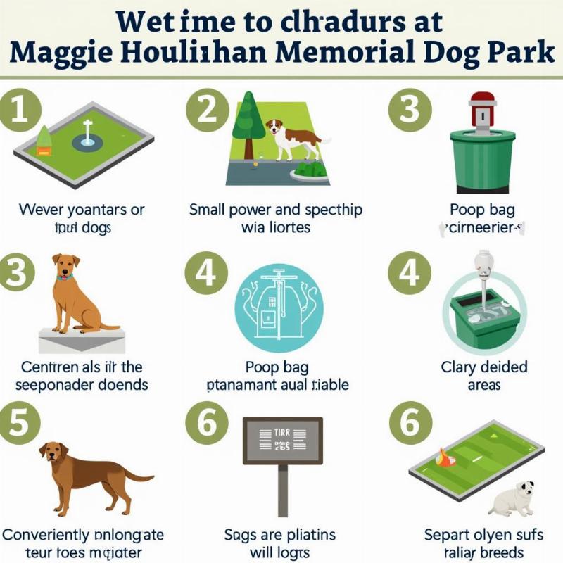 Dog park amenities: water fountains, poop bag dispensers, separate areas for large and small dogs