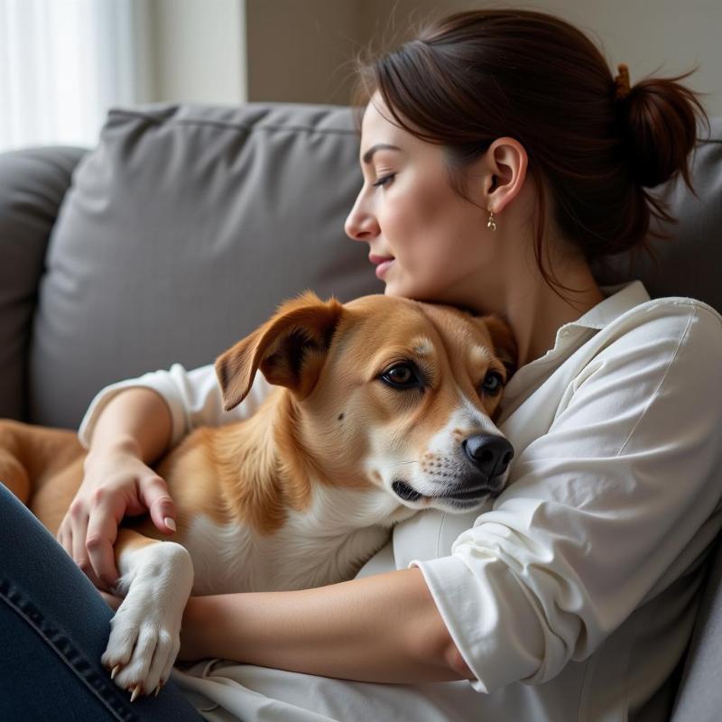 Male dog cuddling with female owner