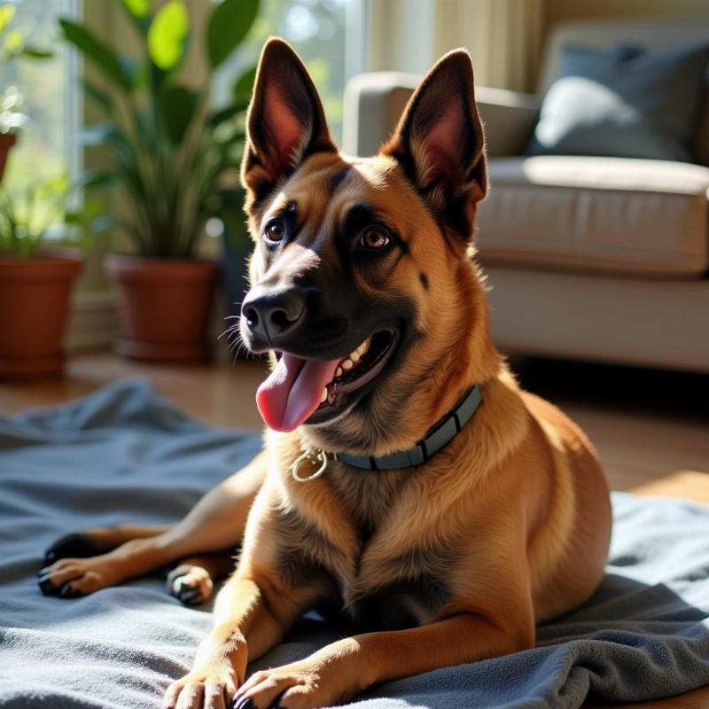 A Malinois integrating into its new home, interacting positively with its new family.