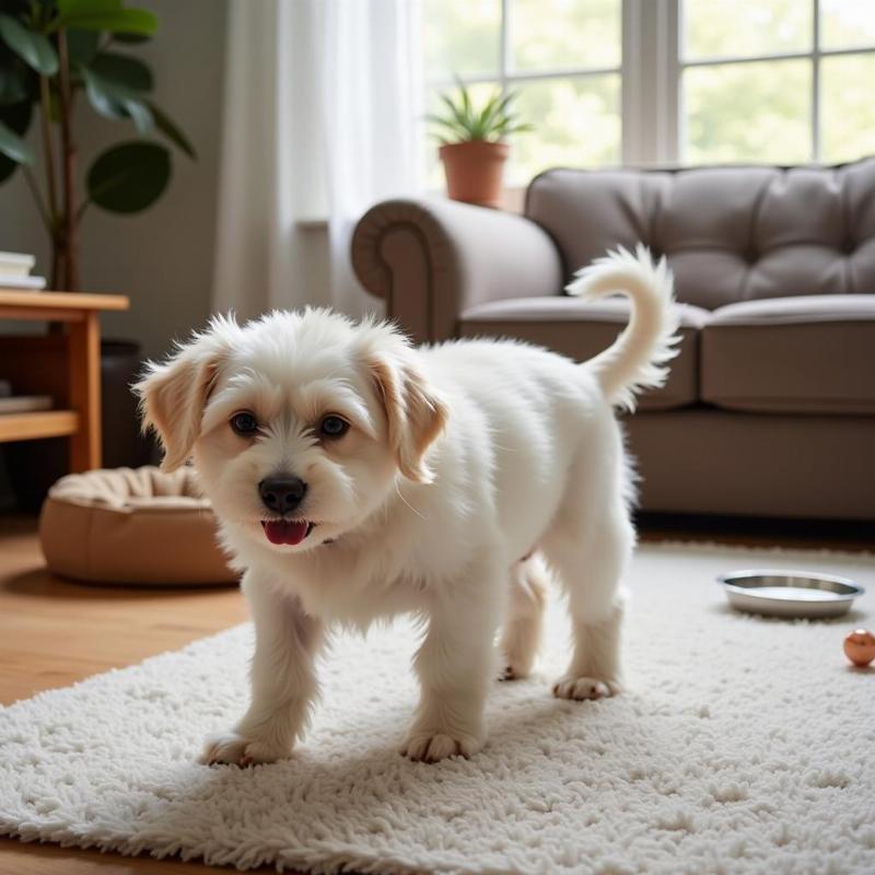 Maltese puppy exploring its new home