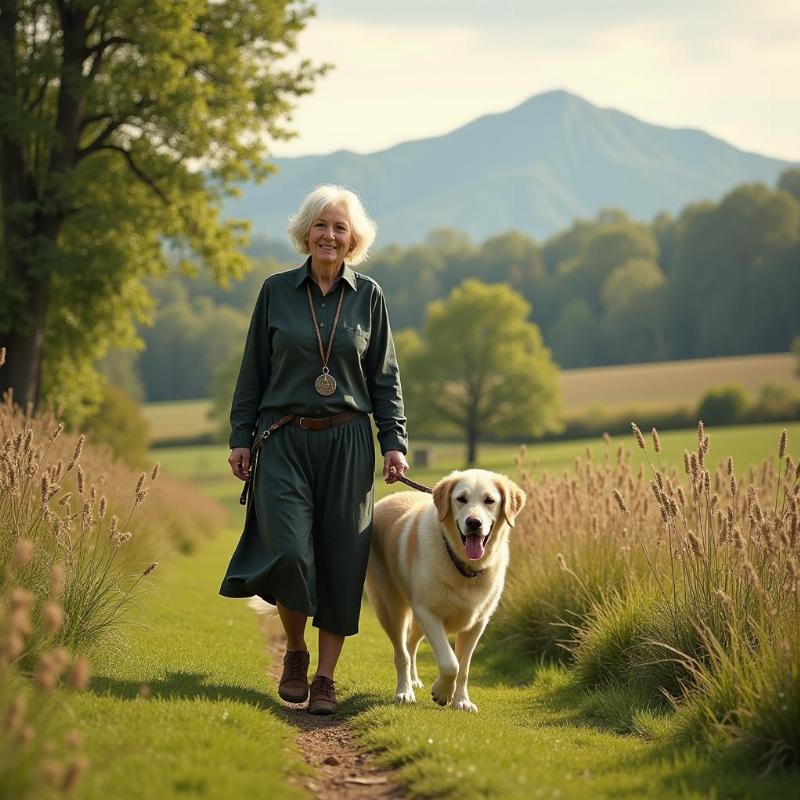 Mary Oliver walking her dog in a peaceful natural setting