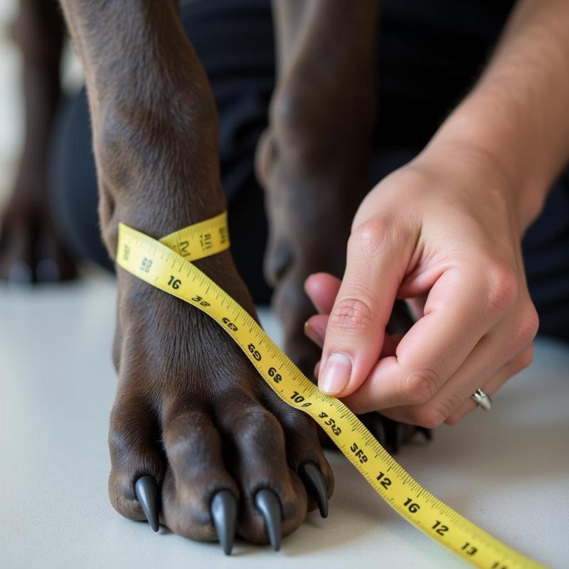 Measuring a Great Dane's paw for boots