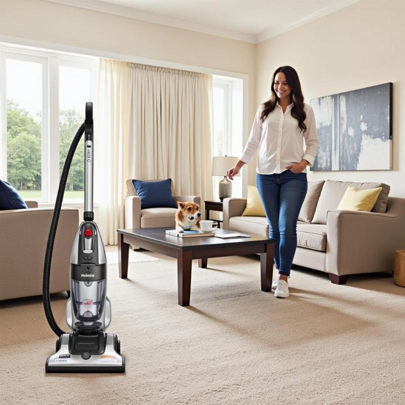 Miele C3 Cat & Dog vacuum cleaner in a spacious American living room.