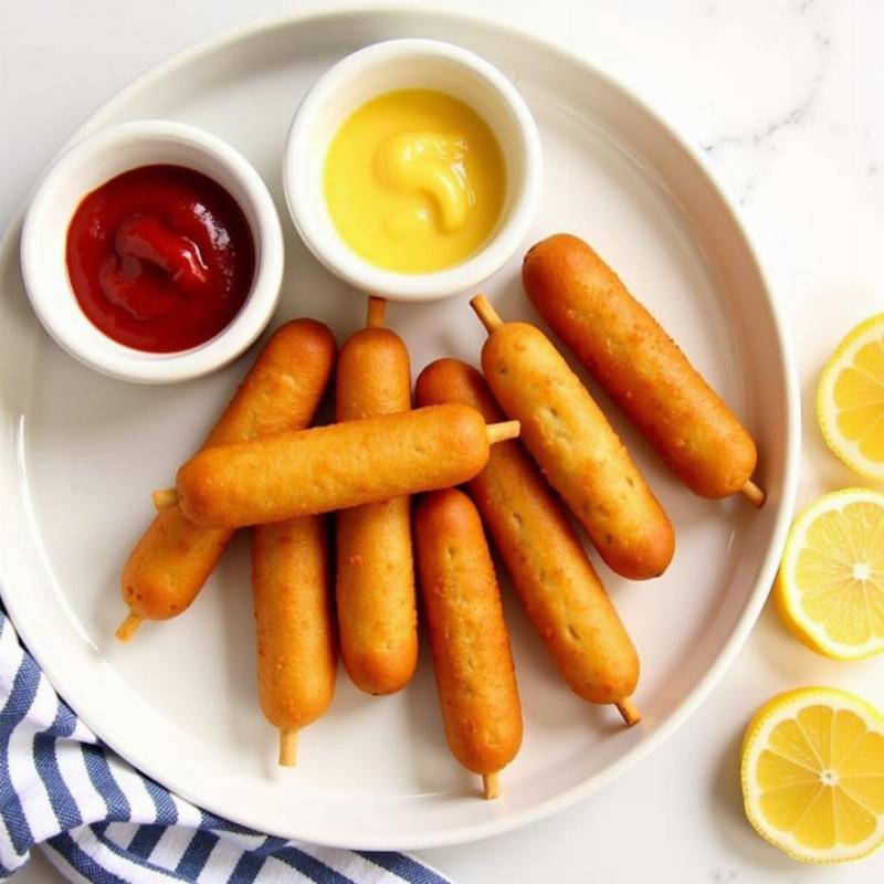 Mini corn dogs served with a variety of dipping sauces