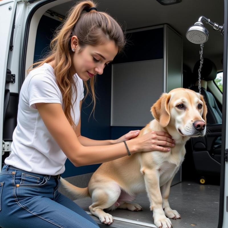 A mobile dog groomer giving a dog a bath in Cypress, TX