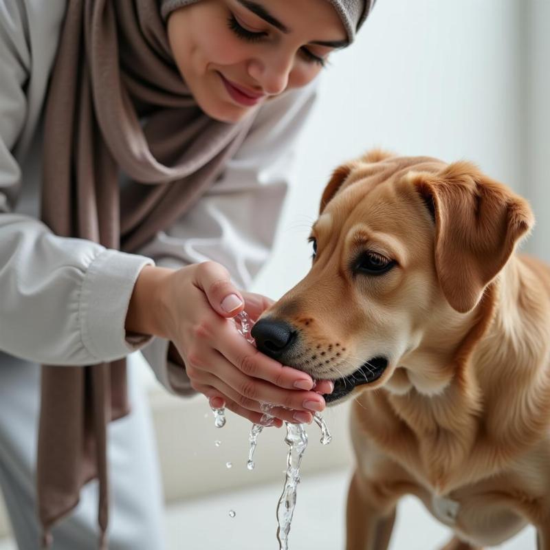 A Muslim dog owner washing their hands after petting their dog.