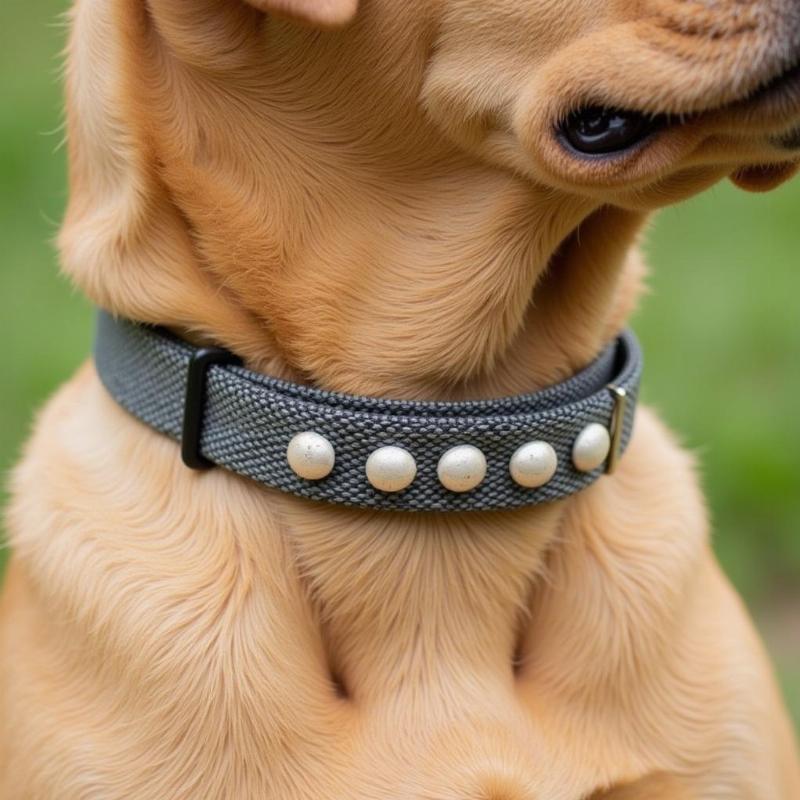 Close-up of a natural tick repellent dog collar on a dog