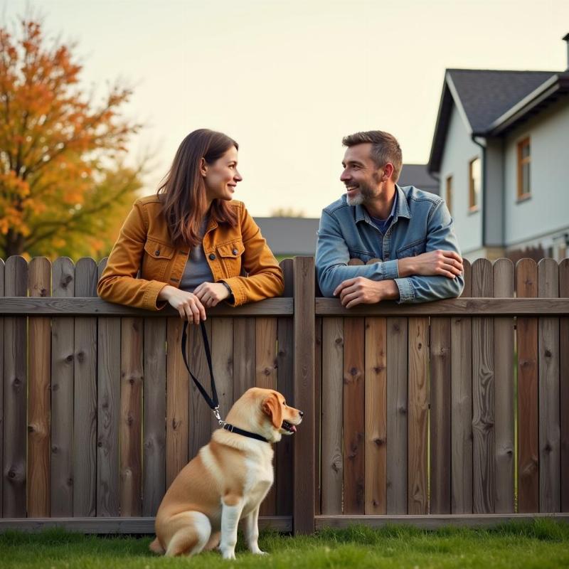 Neighbors talking amicably over a fence