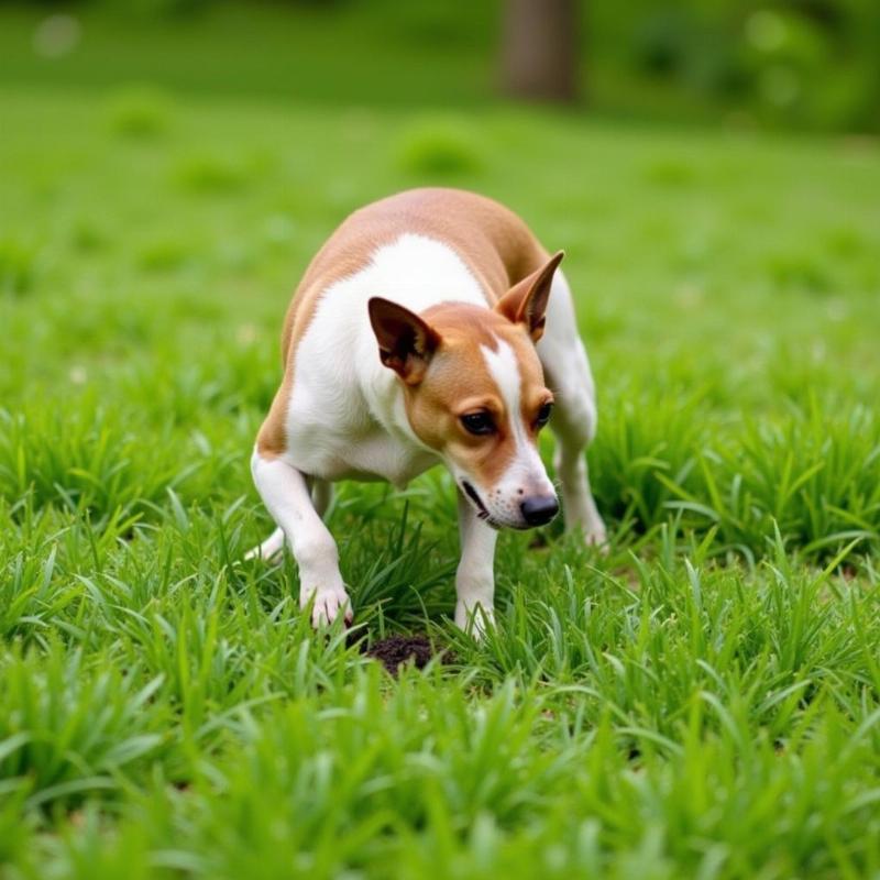 Dog pooping on a green lawn