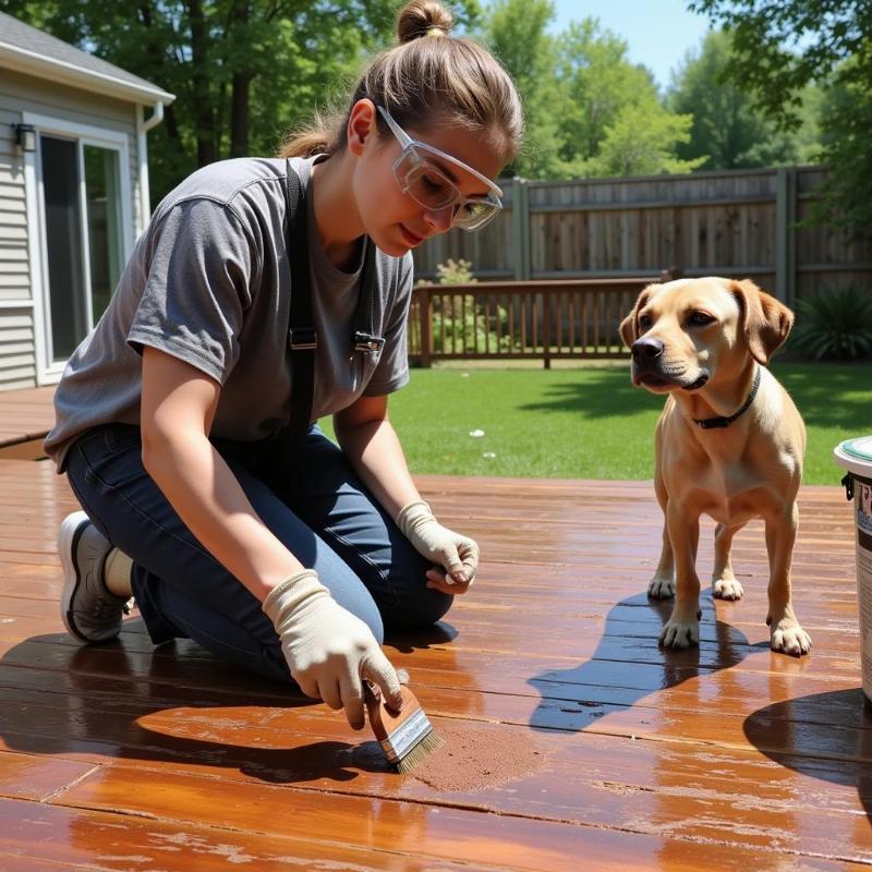 Person staining a deck while keeping their dog at a safe distance