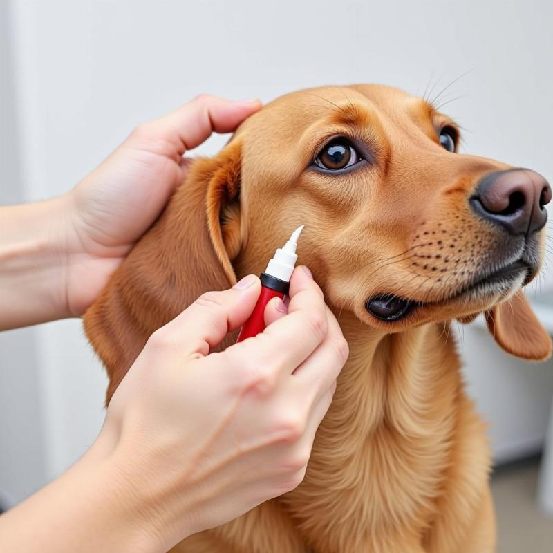 Administering ear drops to a dog