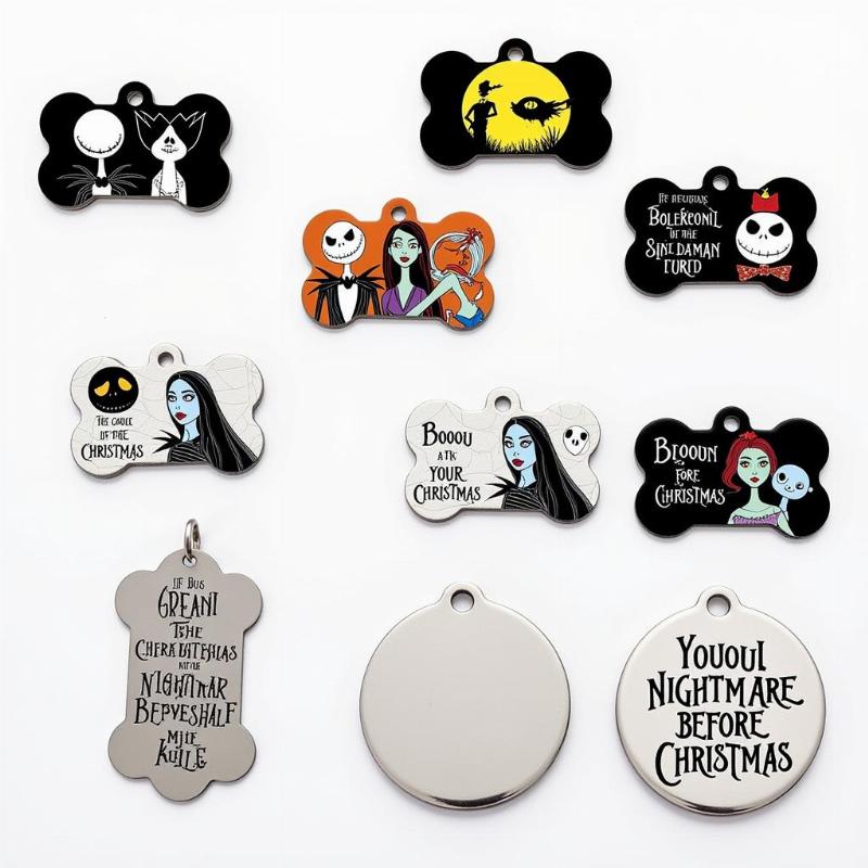 Various Nightmare Before Christmas dog tags showcasing different characters and designs