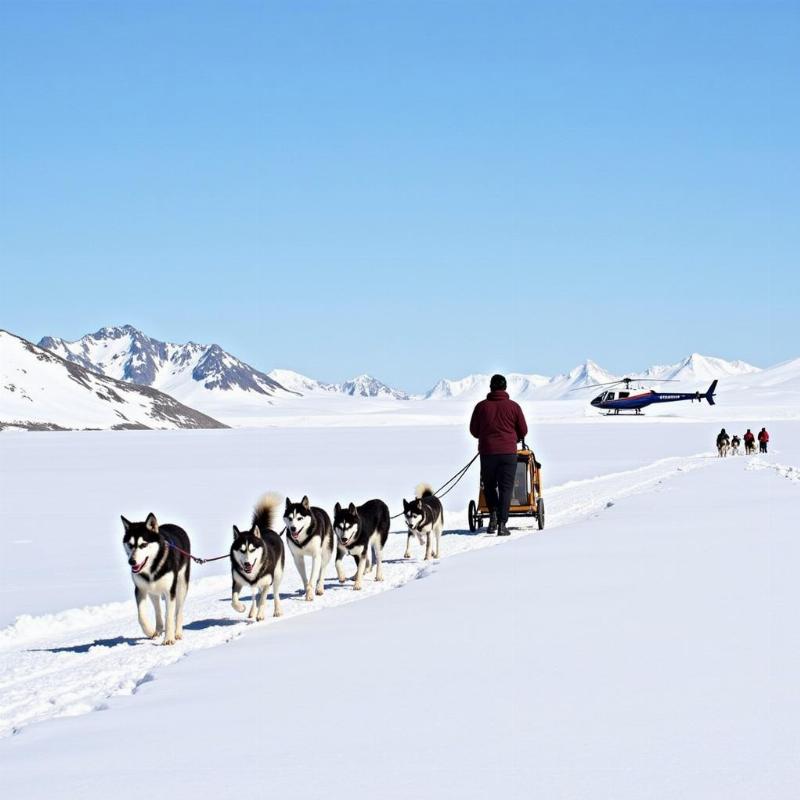 Dog sledding adventure at Norris Glacier, Alaska with a view of the helicopter