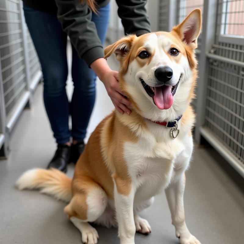 A Norwegian Buhund being petted at an animal shelter