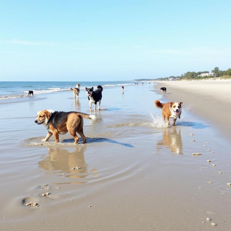 Dogs playing on the beach at Oak Island