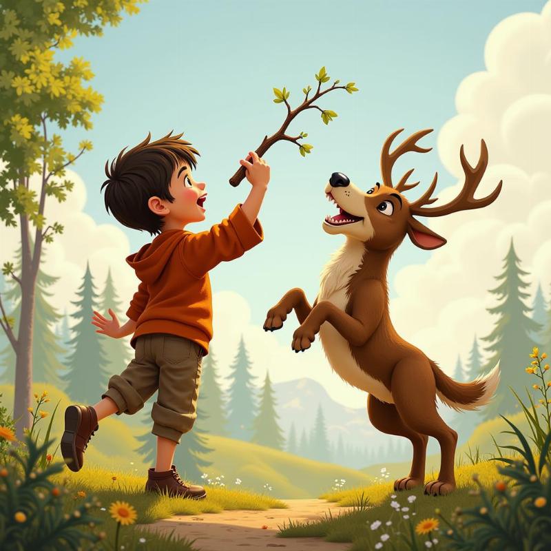 The orphan boy and his elk dog playing together