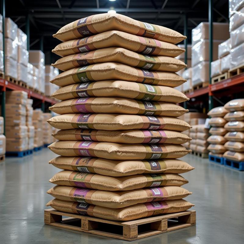 Pallet of dog food bags in a warehouse