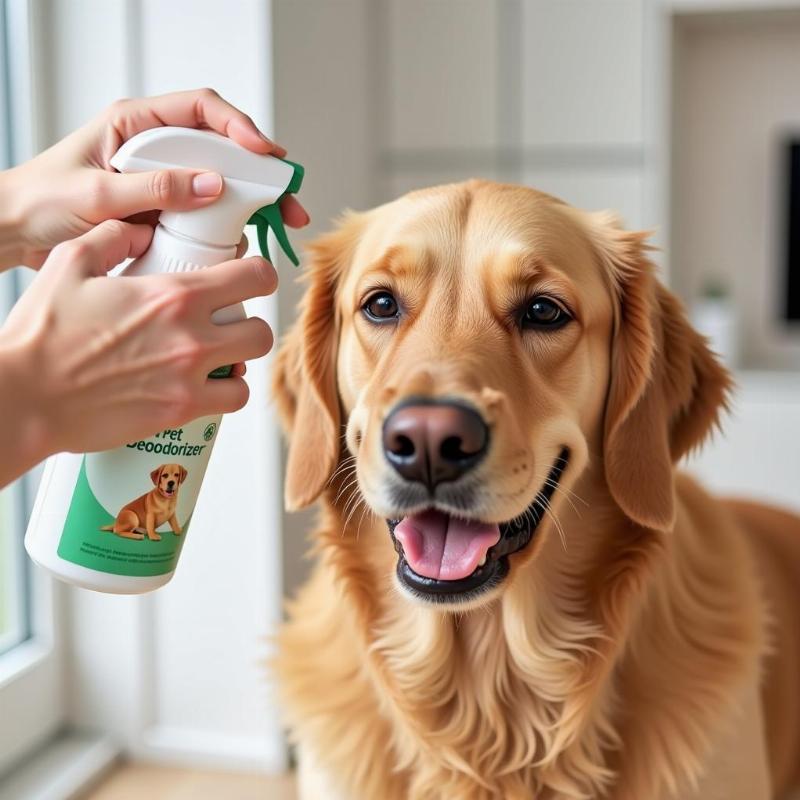 Applying pet deodorizer spray to a dog