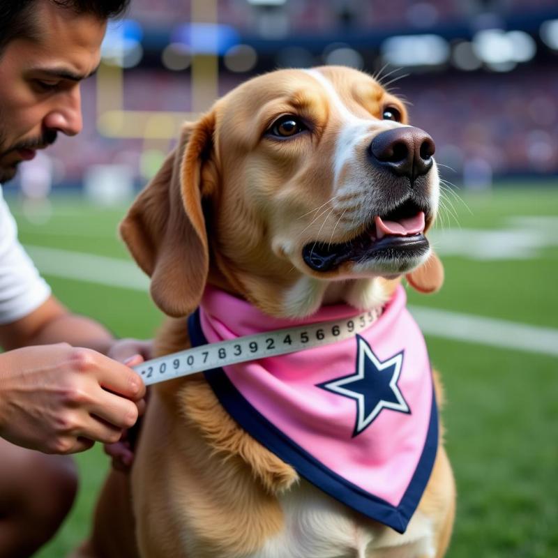 Measuring a dog's neck for a pink Dallas Cowboys collar