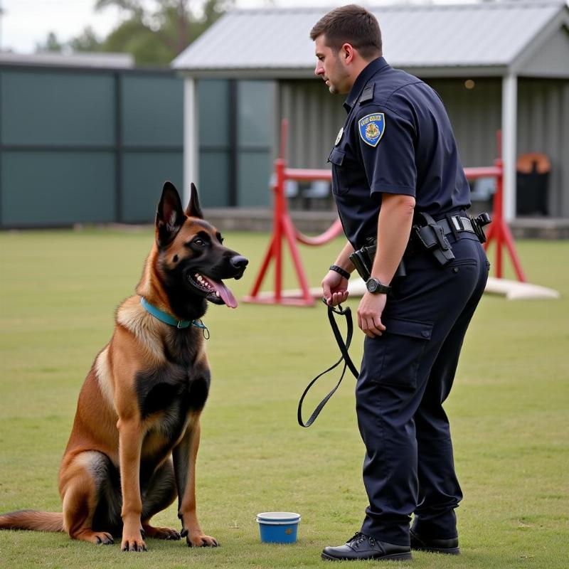 Police dog trainer demonstrating obedience training