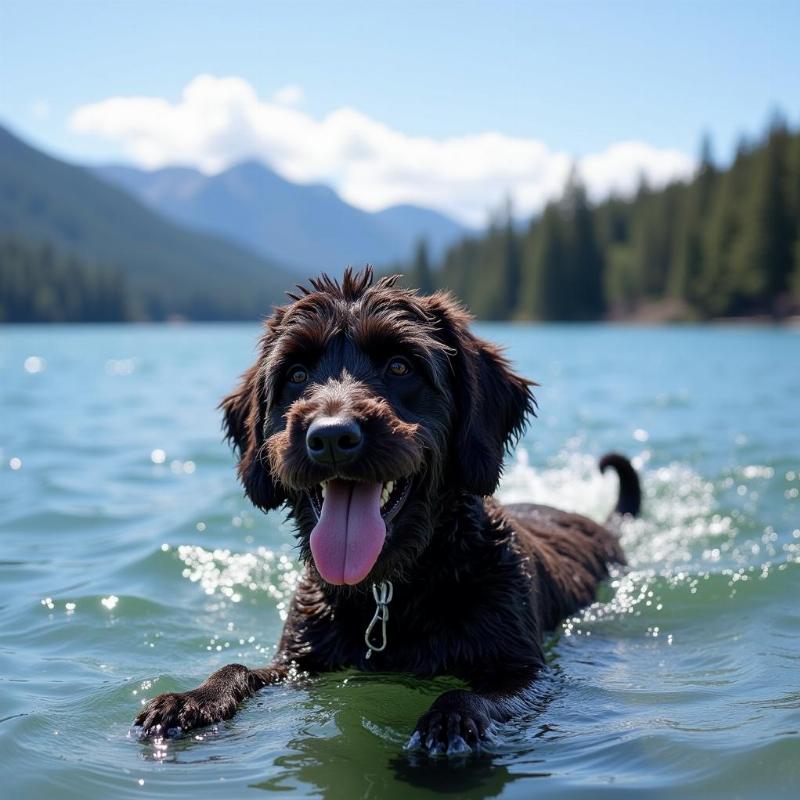 Portuguese Water Dog Swimming in Lake