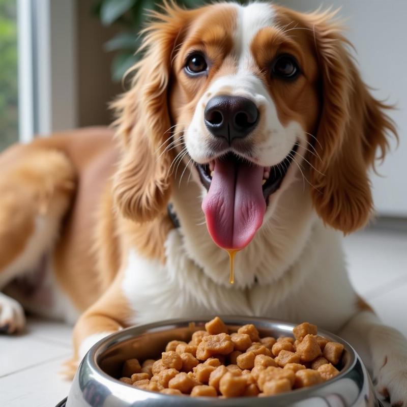 Dog enjoying powdered bone broth in a bowl