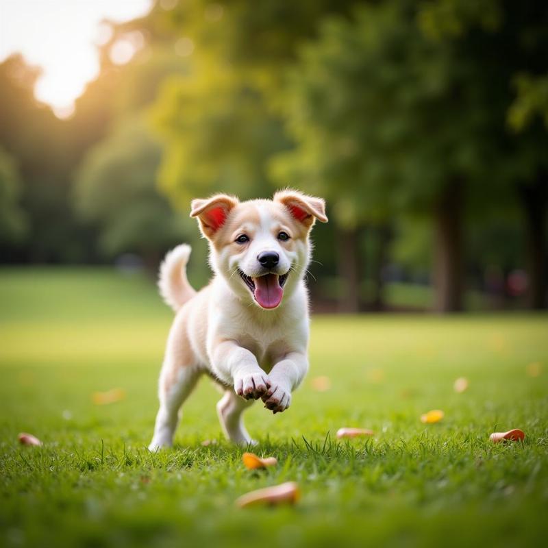 A pre-trained puppy playing fetch in a park