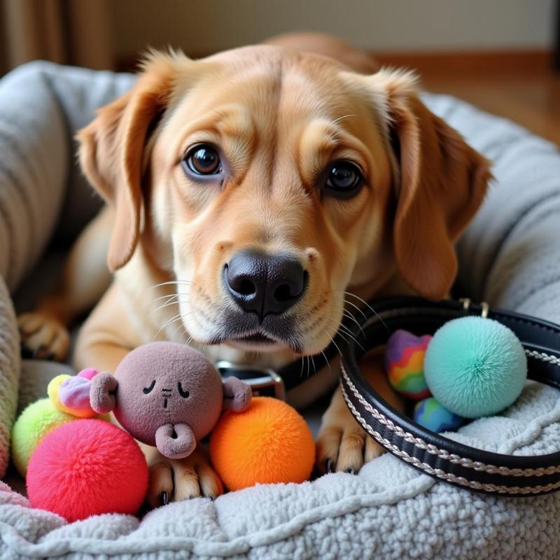 A cozy dog bed with toys and a leash, prepared for a new Doodle Dandy.