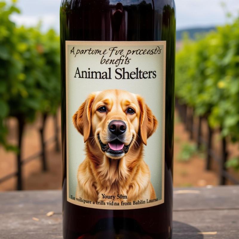 Red wine bottle with a dog label supporting an animal charity