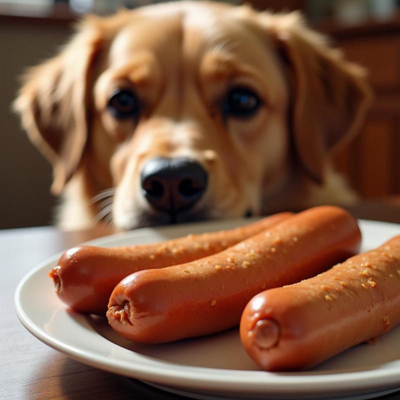 A dog looking longingly at a plate of Sabrett hot dogs