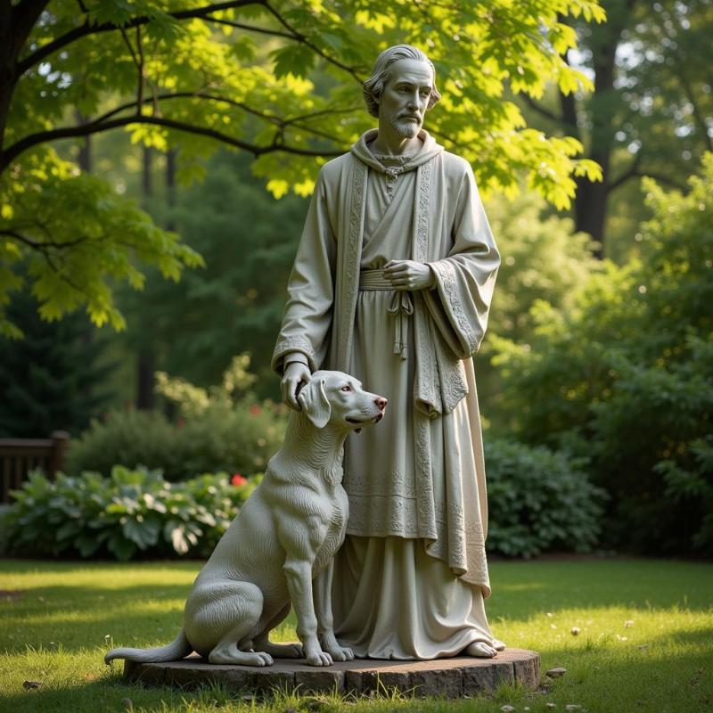 Saint Francis statue with a dog in a garden setting